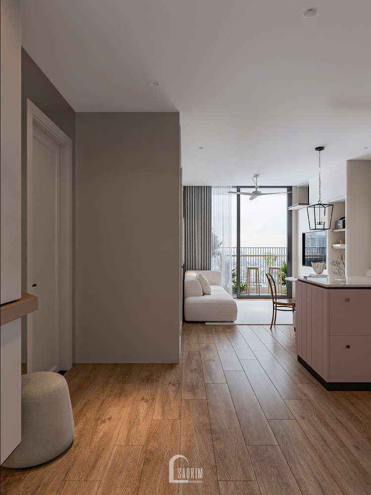 Thiết kế phòng khách liền mạch với bếp mang phong cách Parisian tại căn hộ Vinhomes Smart City